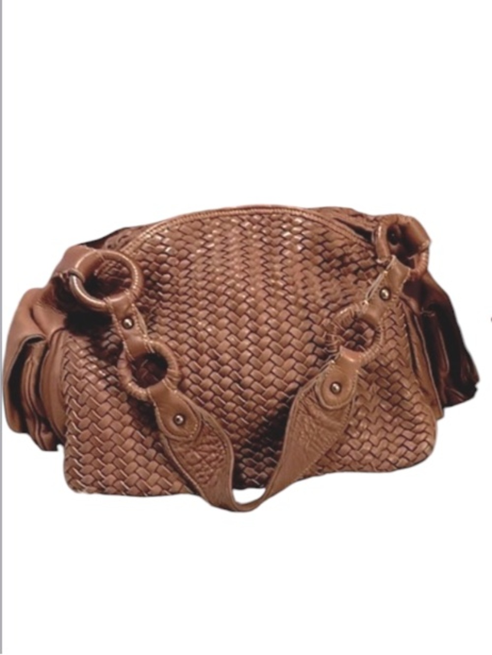Cole Haan Tan Cognac Brown Neutral Woven Leather Hobo Shoulder Bag Boho Bag